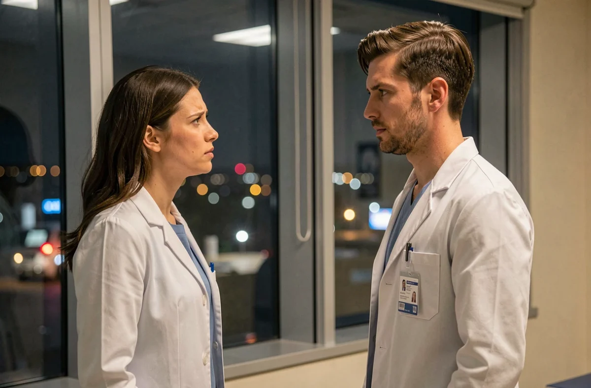 Deux médecins en blouse blanche discutant de nuit devant une fenêtre d'hôpital – tension dramatique évoquant la nuit controversée dans Dr House