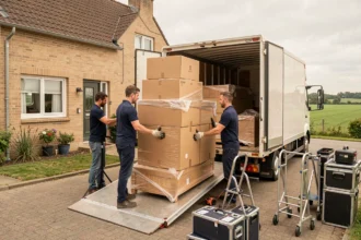 Équipe de déménageurs professionnels chargeant des cartons dans un camion devant une maison en Vendée