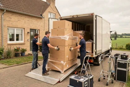 Équipe de déménageurs professionnels chargeant des cartons dans un camion devant une maison en Vendée