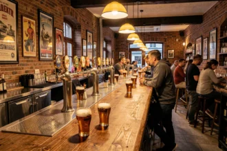 Vue d'ensemble d'un bar alsacien animé avec comptoir en bois, bières artisanales et ambiance chaleureuse typique du Grand Est