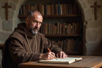 Moine catholique écrivant dans un registre dans un bureau modeste