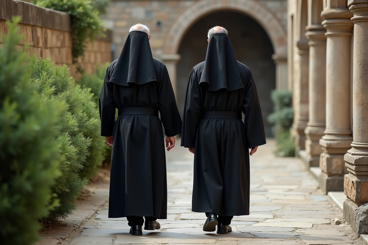 Deux moines discutant dans la cour du cloître en pierre