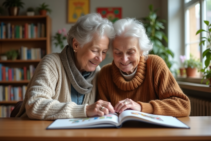 Une femme âgée souriante et un adolescent partagent un moment de connexion