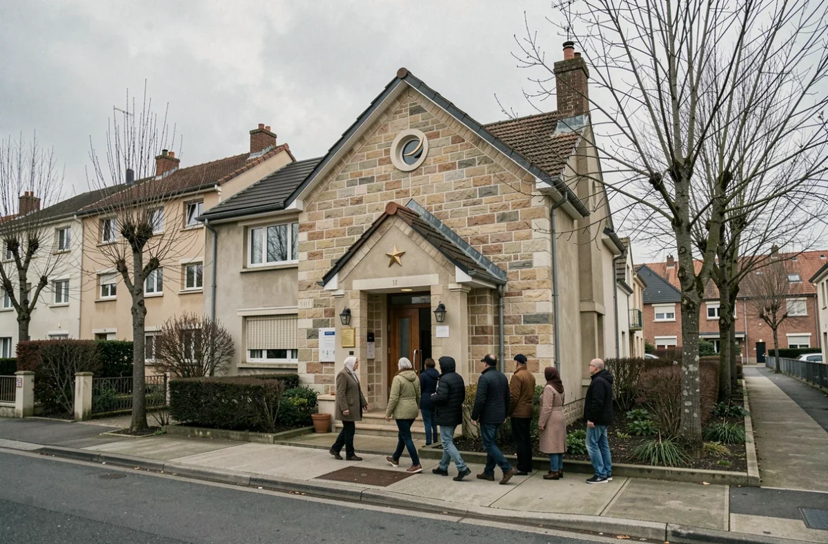 Facade extérieure d'une mosquée à Aulnay-sous-Bois avec des fidèles se rendant à la prière en journée