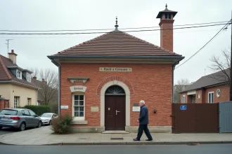 Façade extérieure d'une mosquée dans un quartier résidentiel de Ris-Orangis avec un homme se dirigeant vers l'entrée