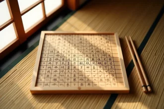 Grille de mots fléchés japonais posée sur un tatami avec des tuiles en bois portant des noms de villes japonaises