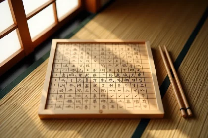 Grille de mots fléchés japonais posée sur un tatami avec des tuiles en bois portant des noms de villes japonaises
