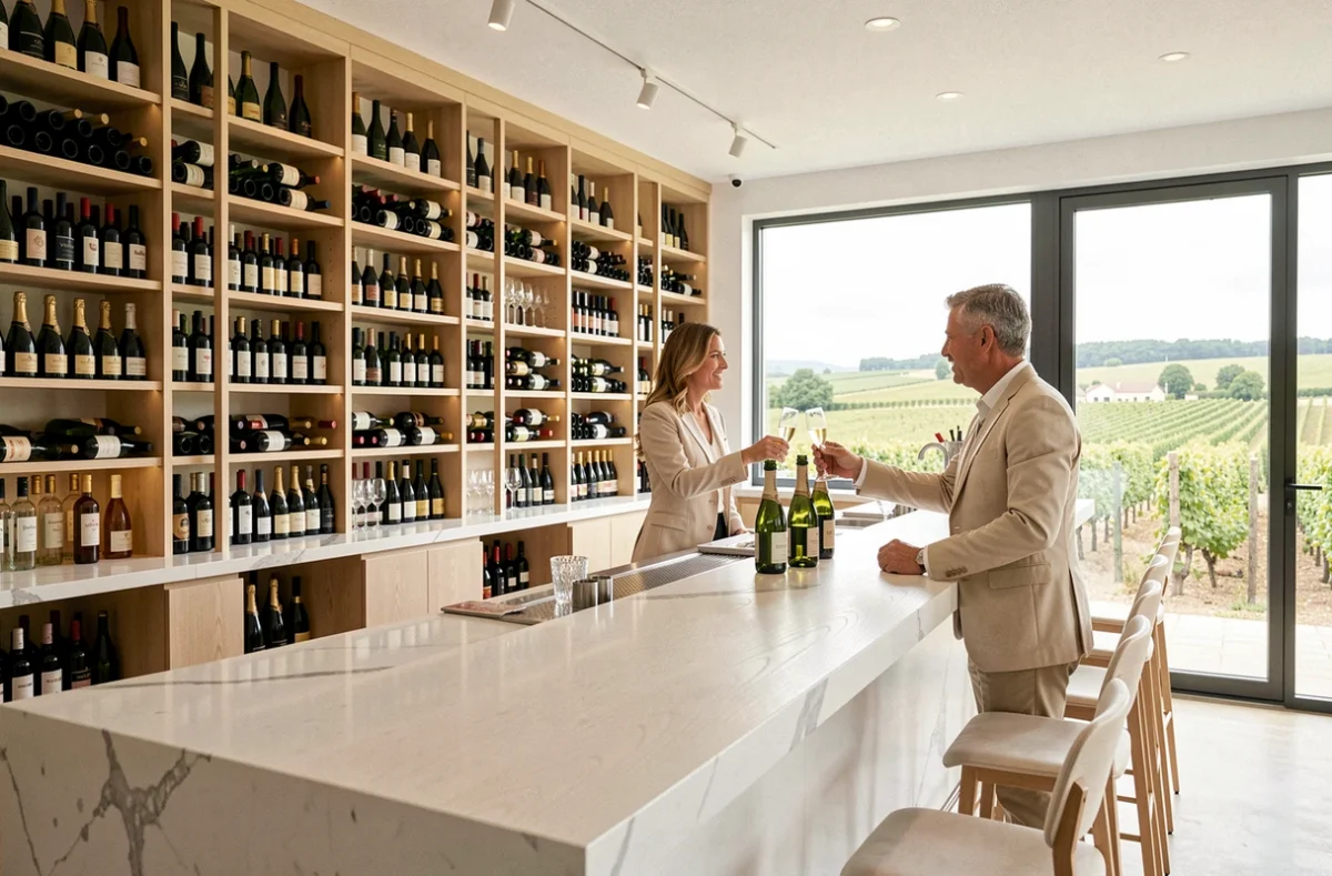 Bar Munificence à Chouilly avec décor épuré, cave à champagne spectaculaire et vue sur les vignes de la région champenoise