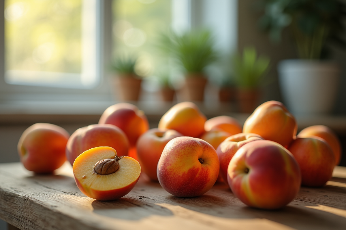 Nectarines fraîches sur une table en bois rustique