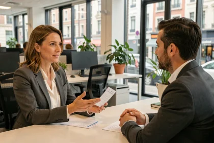 Employée négociant un pont de jour férié avec son responsable dans un bureau moderne en France