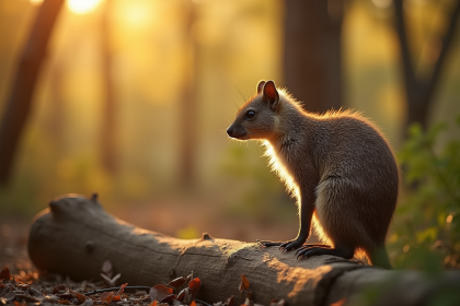 Nimba debout sur un bois dans une forêt d'eucalyptus ensoleillée
