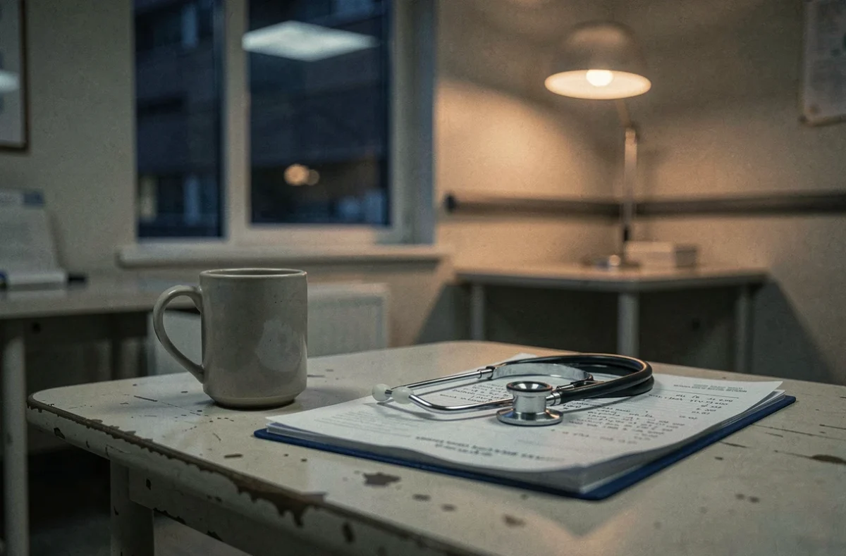Salle de repos d'hôpital vide la nuit avec dossier médical et stéthoscope sur une table – ambiance de nuit mémorable dans Dr House