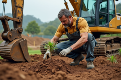Ouvrier de construction plantant un arbre dans un paysage rural