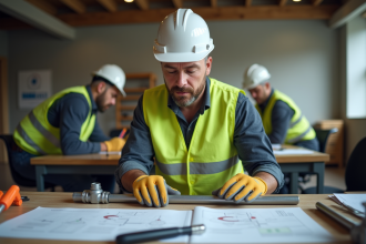 Ouvrier de construction en formation avec casque blanc