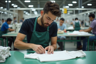 Jeune homme inspectant un tshirt dans une usine de textile
