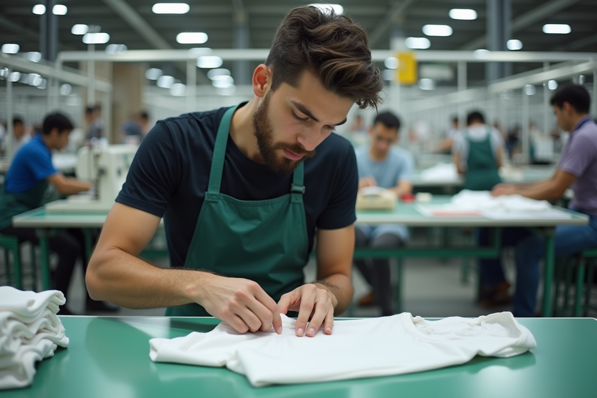 Jeune homme inspectant un tshirt dans une usine de textile