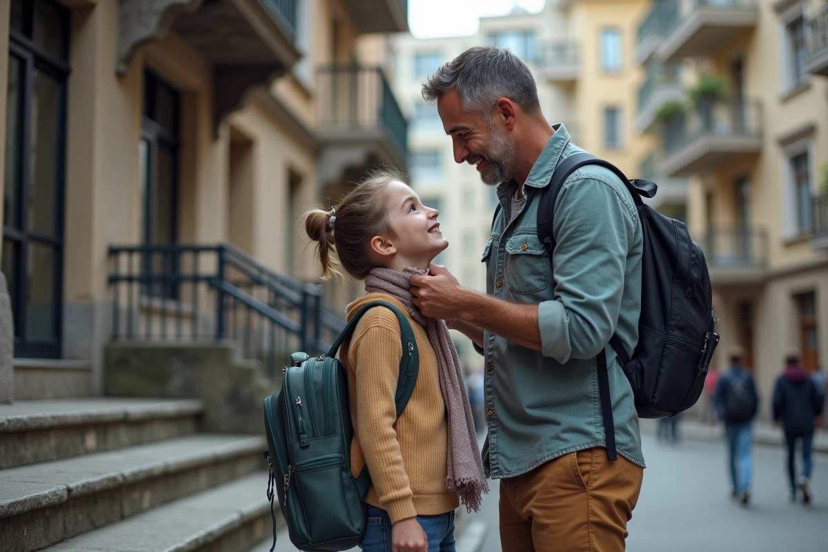 Père attachant le foulard de sa fille devant un immeuble urbain