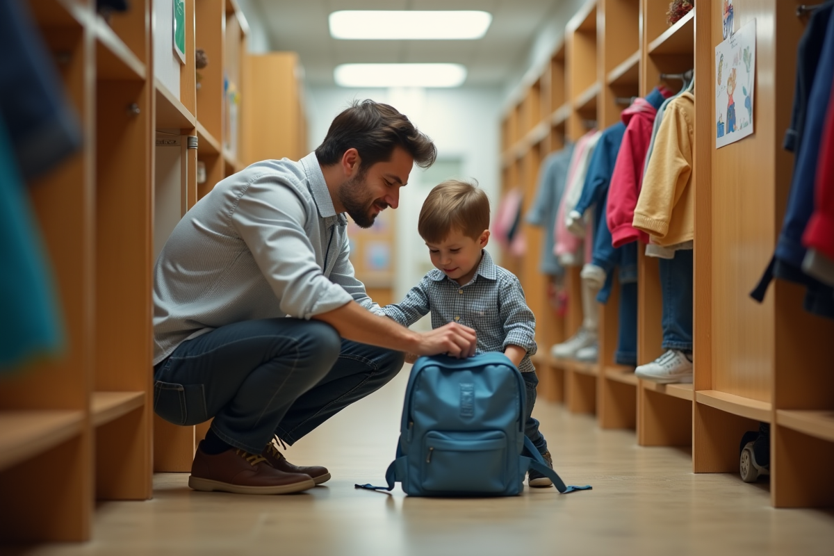 Père aidant son enfant à organiser son sac à l