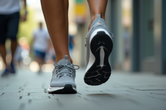 Pieds en chaussures de sport marchant rapidement en ville