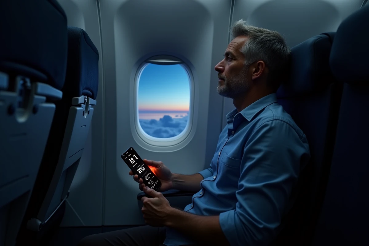Passager dans un avion de nuit regardant son téléphone affichant les fuseaux horaires Paris et Cayenne