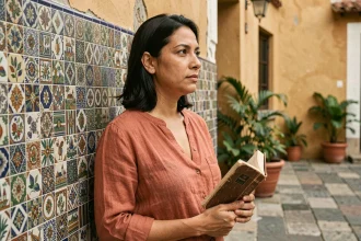 Femme latine devant un mur en mosaïque colorée de style colonial espagnol, tenant un carnet de voyage dans une cour pittoresque d'Amérique latine