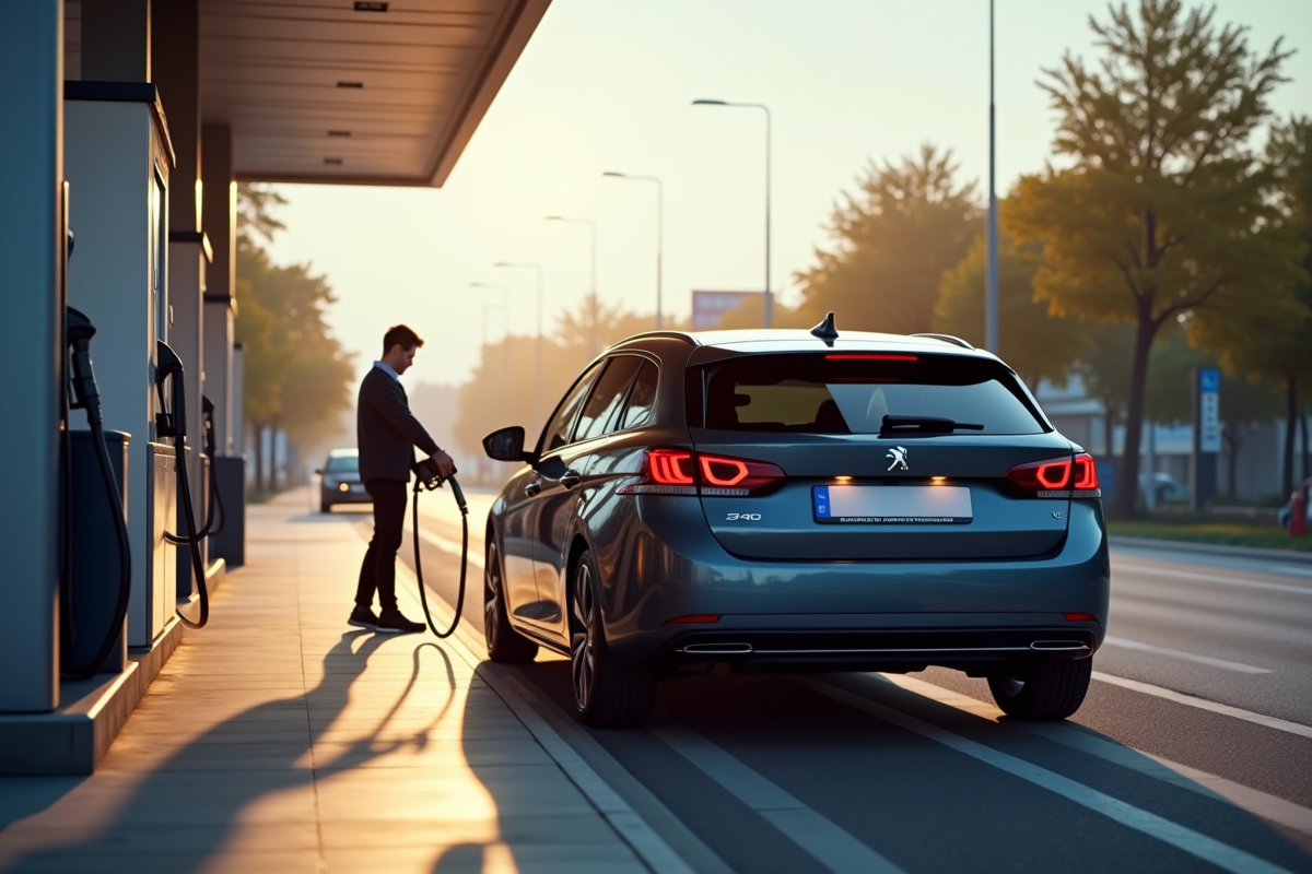 Peugeot 308 GT Line stationnée à la station essence