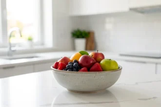 Plan de travail de cuisine lumineux avec un bol de fruits mûrs