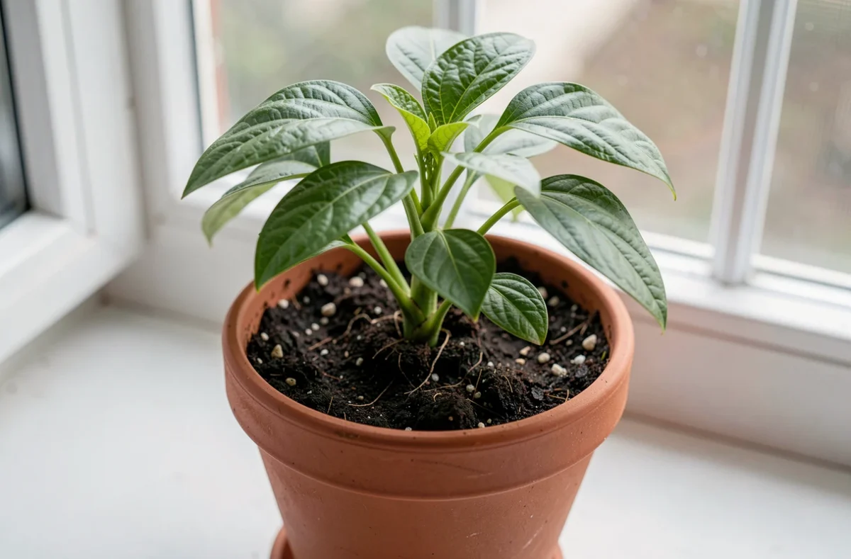 Plante d'intérieur en pot avec terreau visible