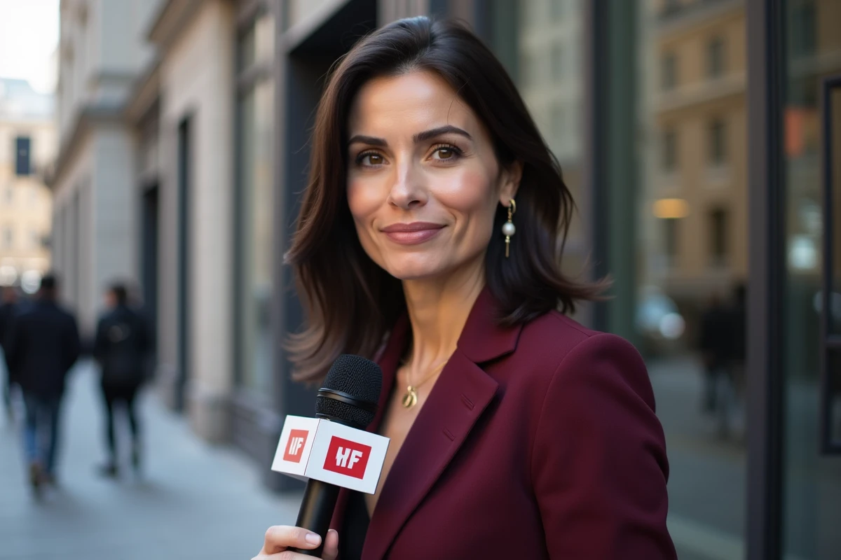 Présentatrice de télévision devant un bâtiment urbain tenant un micro de reportage
