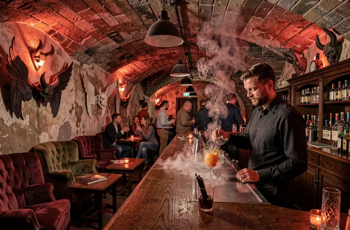 Bar Le Purgatoire à Strasbourg avec décor souterrain voûté, ambiance dramatique rouge et noir, cocktails fumants et atmosphère unique