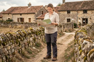 Randonneuse consultant une carte sur un chemin de terre dans le hameau de Bésigny, entourée de vieilles maisons en pierre