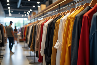 Vitrine de magasin avec vêtements modernes et tailles variées