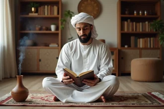Homme muslim récitant les deux derniers versets de la Baqara assis sur un tapis de prière avec un Coran ouvert