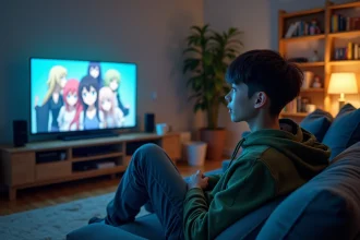 Jeune homme regardant des animes sur un grand écran dans un salon moderne avec des figurines manga en arrière-plan
