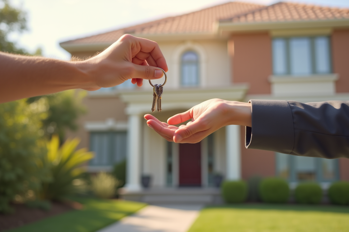 Main remettant des clés devant une maison de banlieue ensoleillée