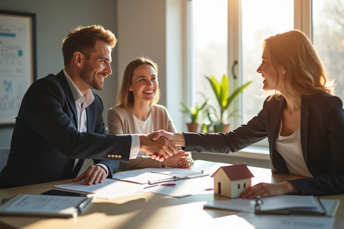 Couple confiant serrant la main d un agent immobilier dans un bureau lumineux
