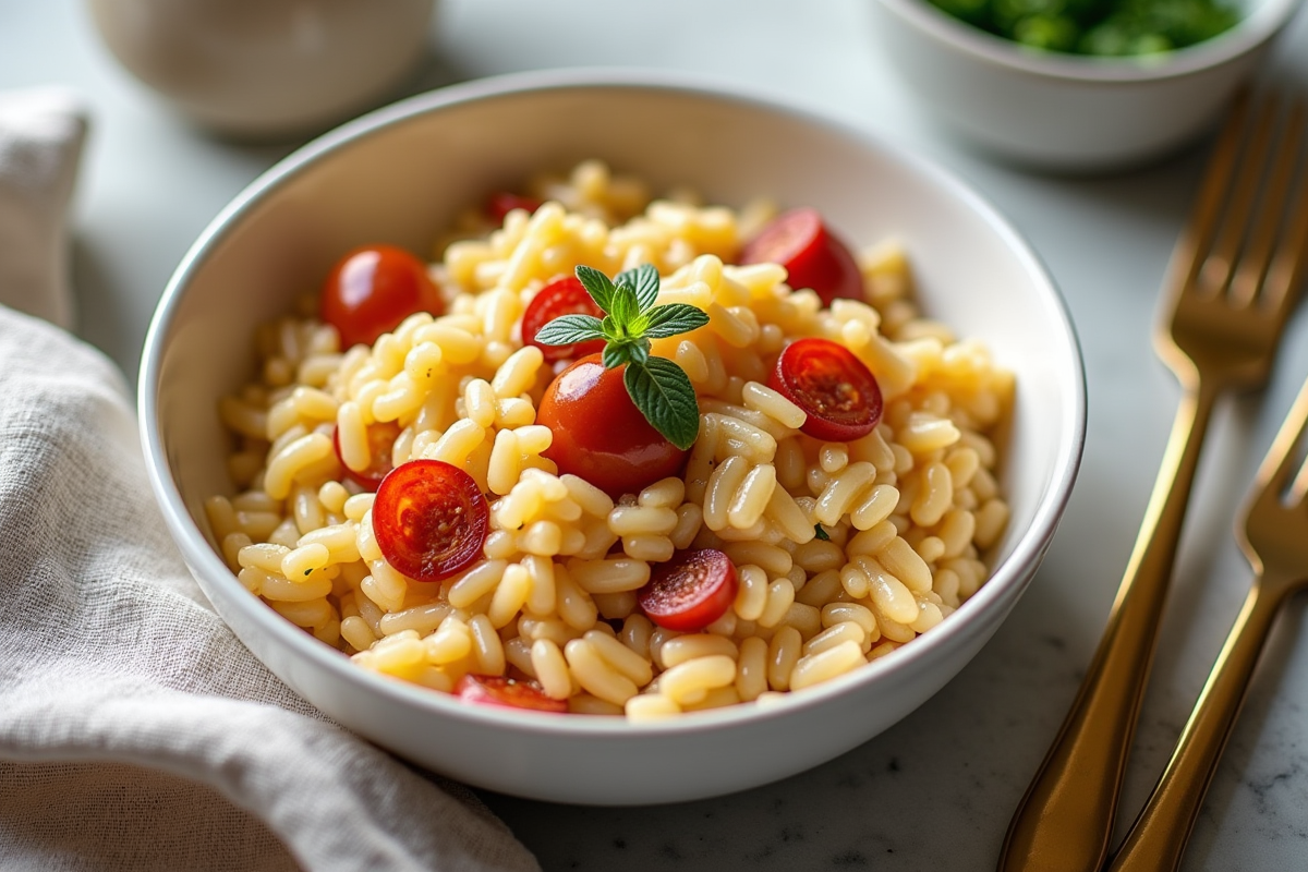 Riz crémeux au chorizo dans un bol blanc