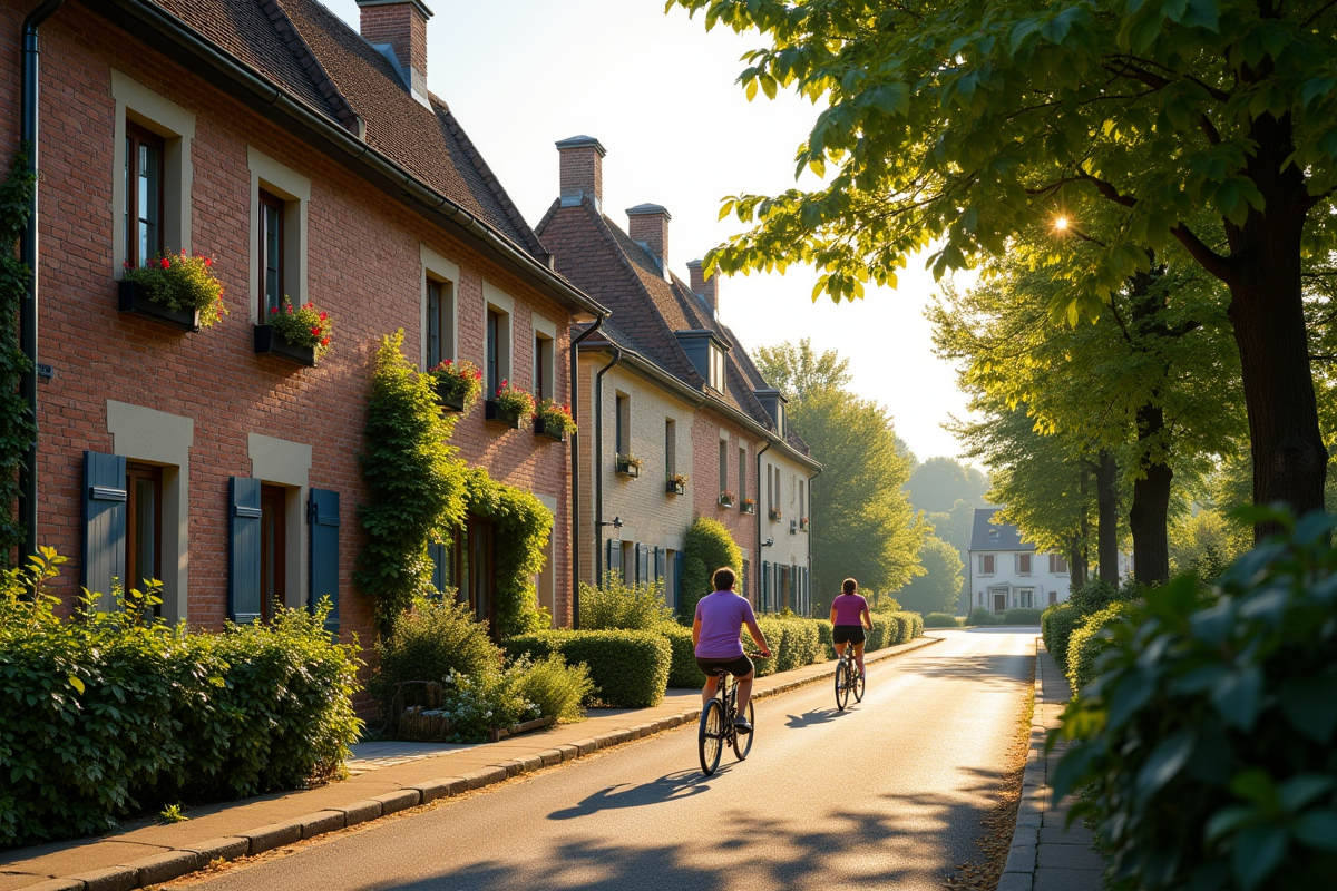 Rue paisible avec maisons en briques et cyclistes en France