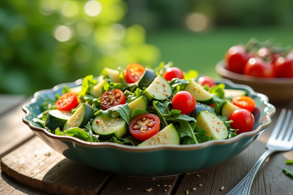 Salade colorée avec courgettes et tomates cerises dans un bol