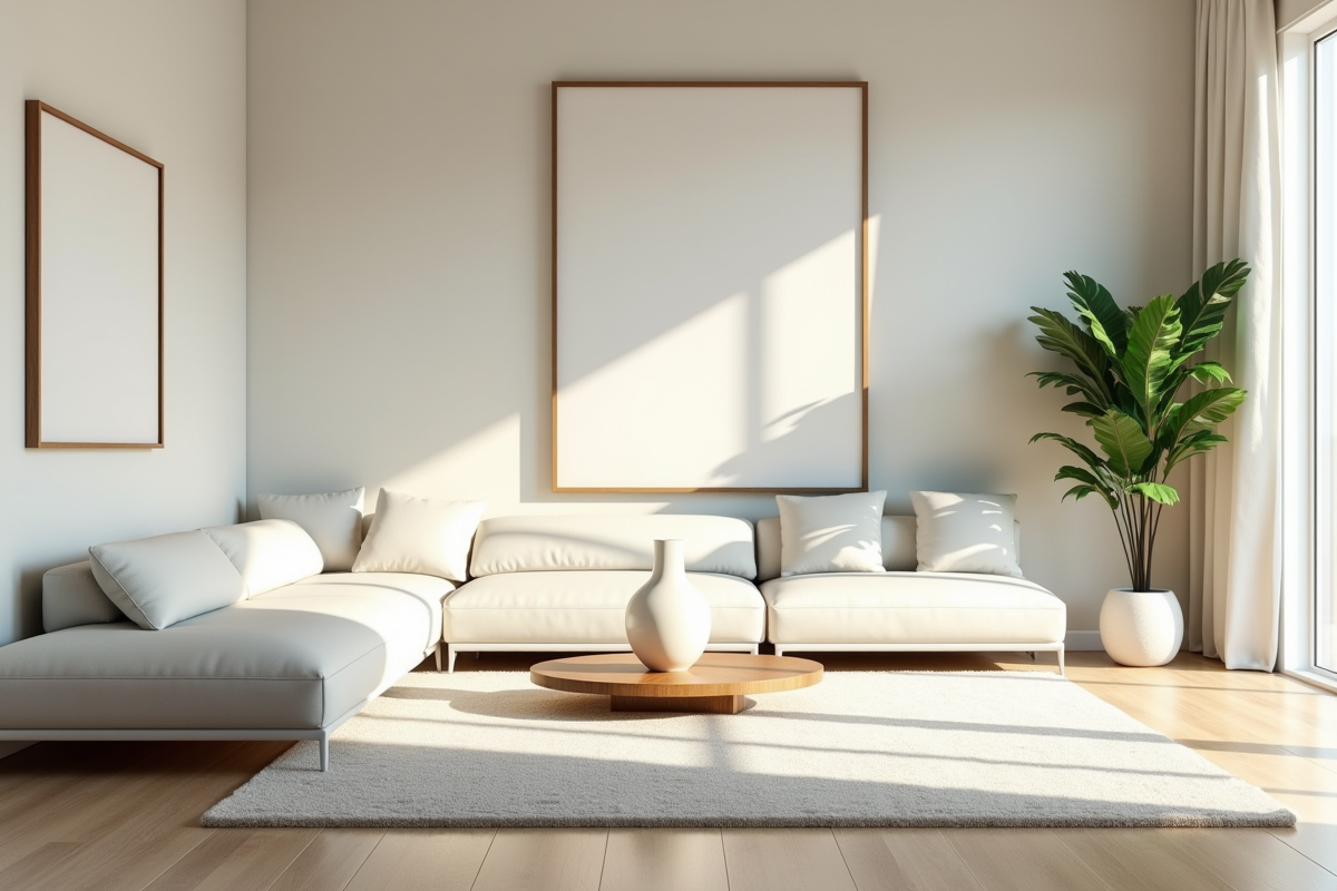 Salon minimaliste lumineux avec mobilier blanc et plantes vertes