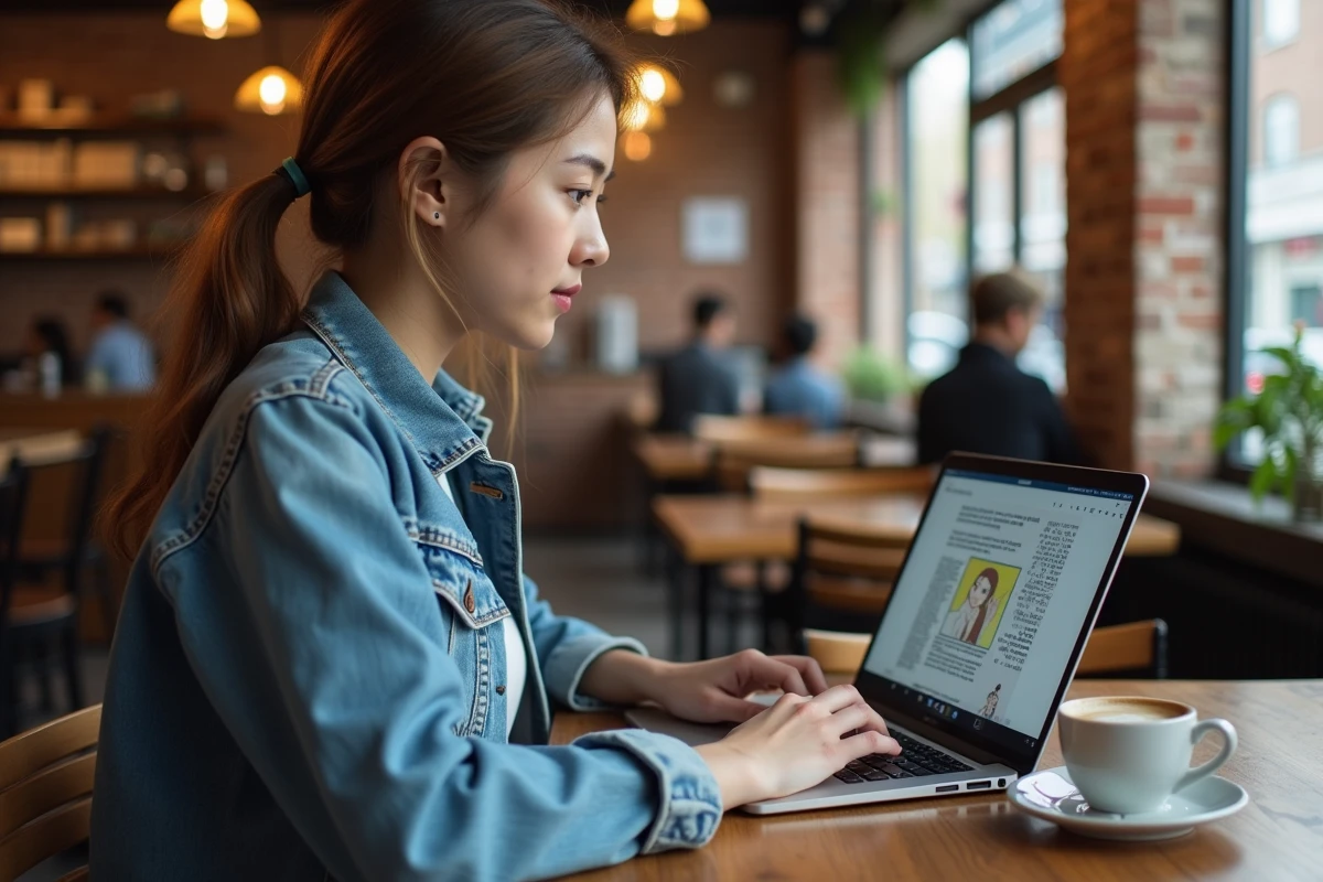 Jeune femme lisant un scan de One Piece en ligne sur son ordinateur portable dans un café