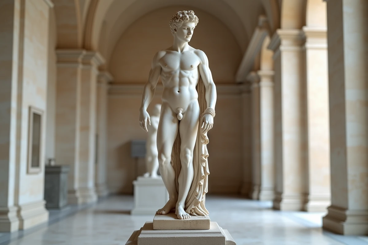 Sculpture en marbre représentant Thésée dans une galerie de musée néoclassique illustrant la mythologie grecque