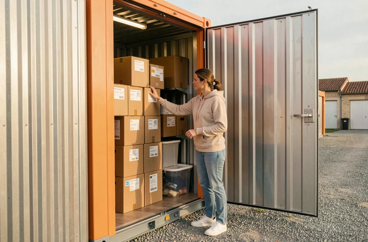 Cliente accédant à son box de self-stockage chez Selfstock Beaulieu-sous-la-Roche en Vendée