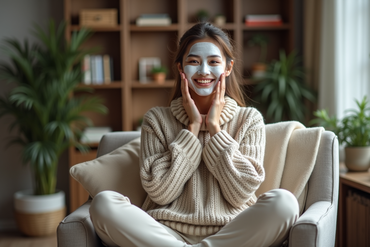 Femme appliquant un masque visage dans un intérieur cosy