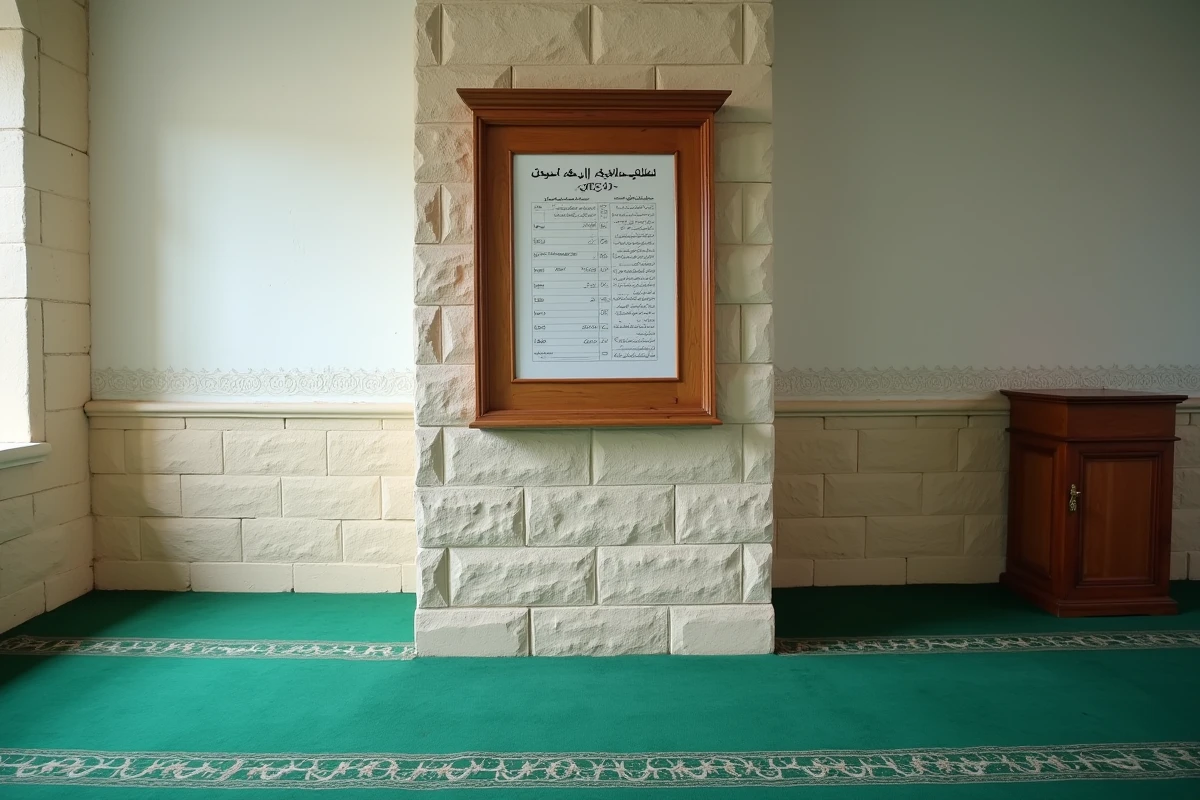 Tableau des horaires de prière 2026 affiché dans une mosquée à Toulon