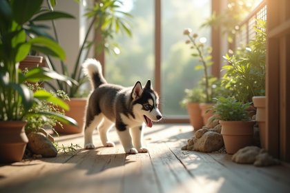 Terrarium moderne pour chiot husky explorant