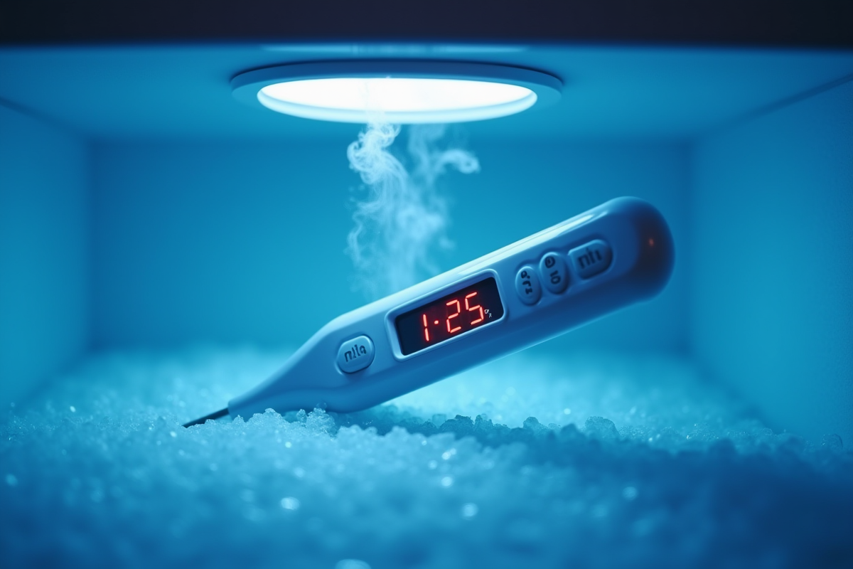Thermomètre numérique dans un congélateur avec vapeur