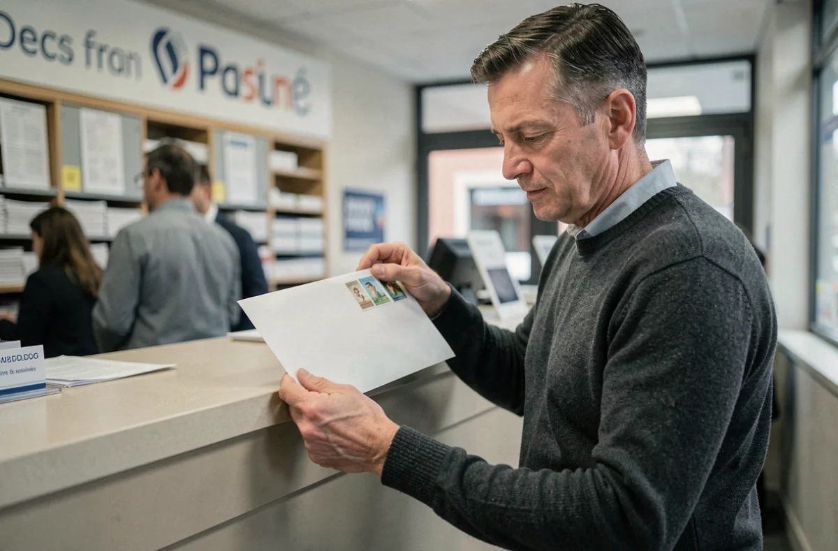 Homme au bureau de poste vérifiant le placement de plusieurs timbres sur une enveloppe épaisse