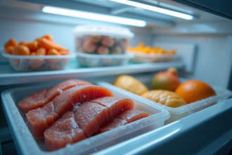 Tiroir de congélateur ouvert avec aliments bien rangés