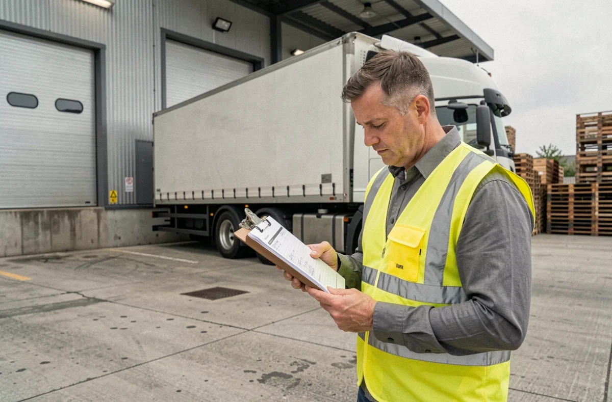 Responsable logistique TNM vérifiant un manifeste de chargement dans un dépôt industriel